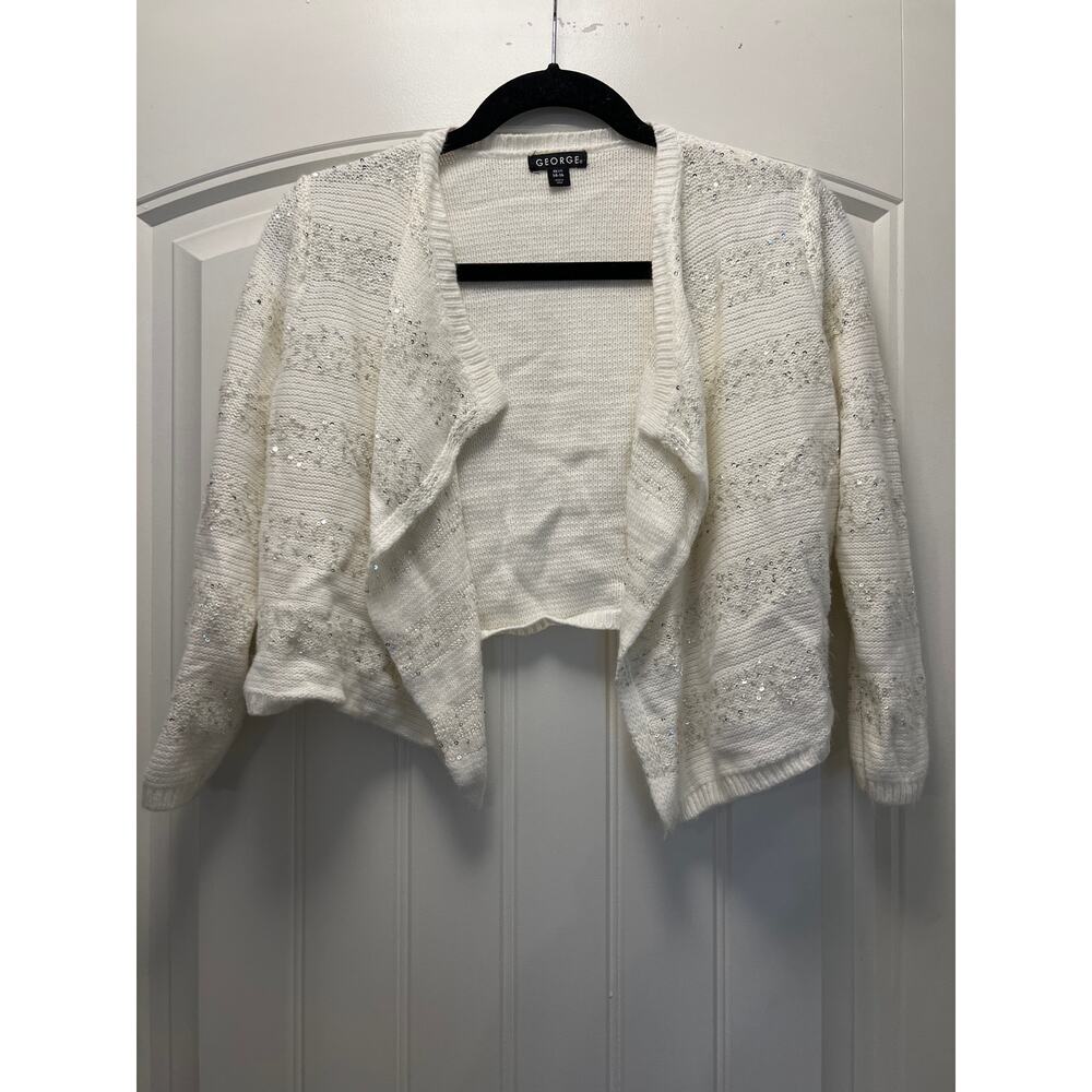 George Girls Sequined Open Front‎ Knit Cozy Cardigan Sweater Size XL 14-16 Cream